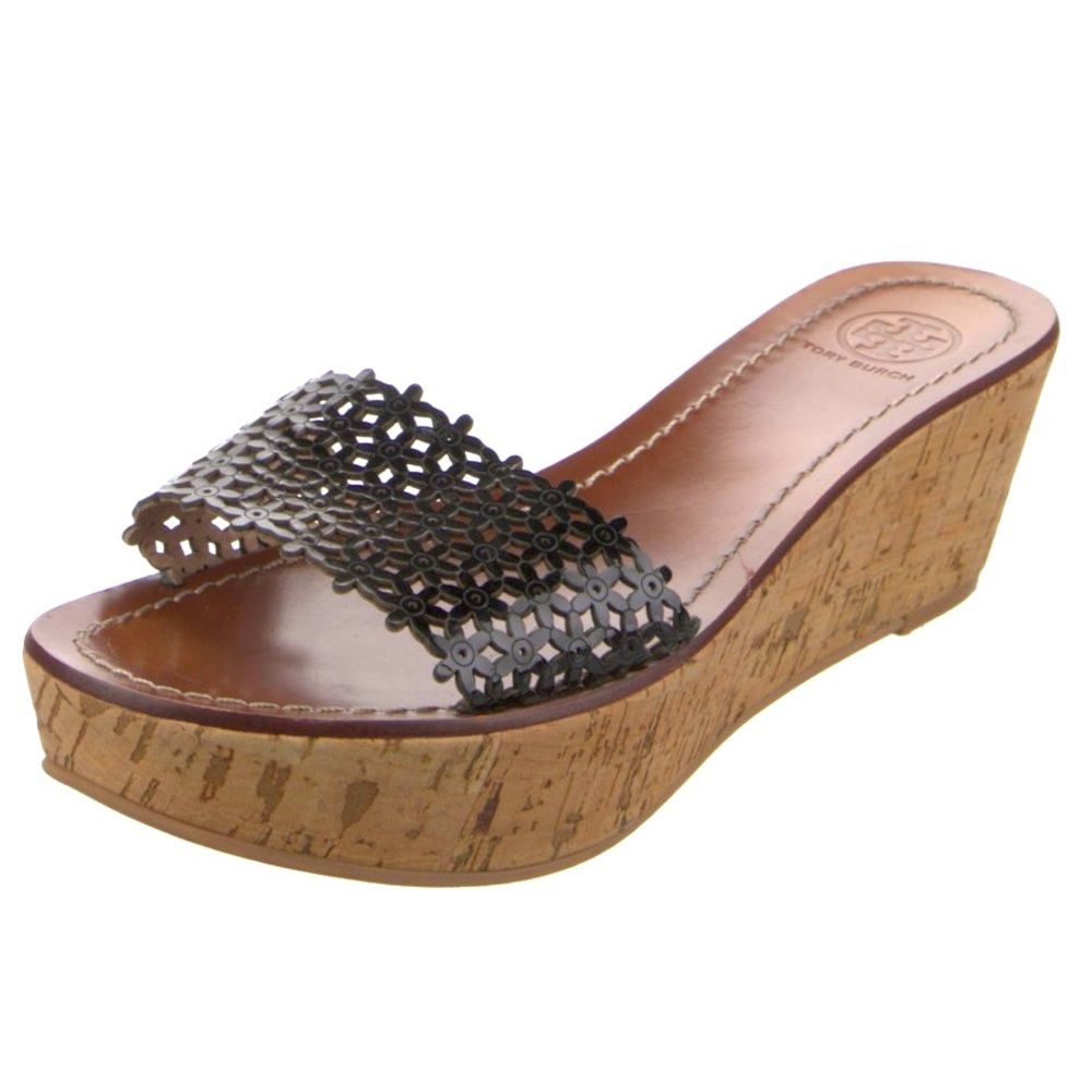 Tory Burch Black Floral Laser-Cut Cork Wedge Slide
